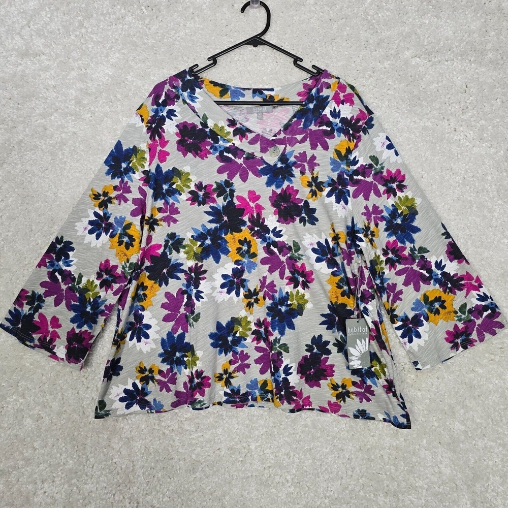 Habitat Womens Knit Floral Pullover Top Size XL Multicolor Cottagecore Boho